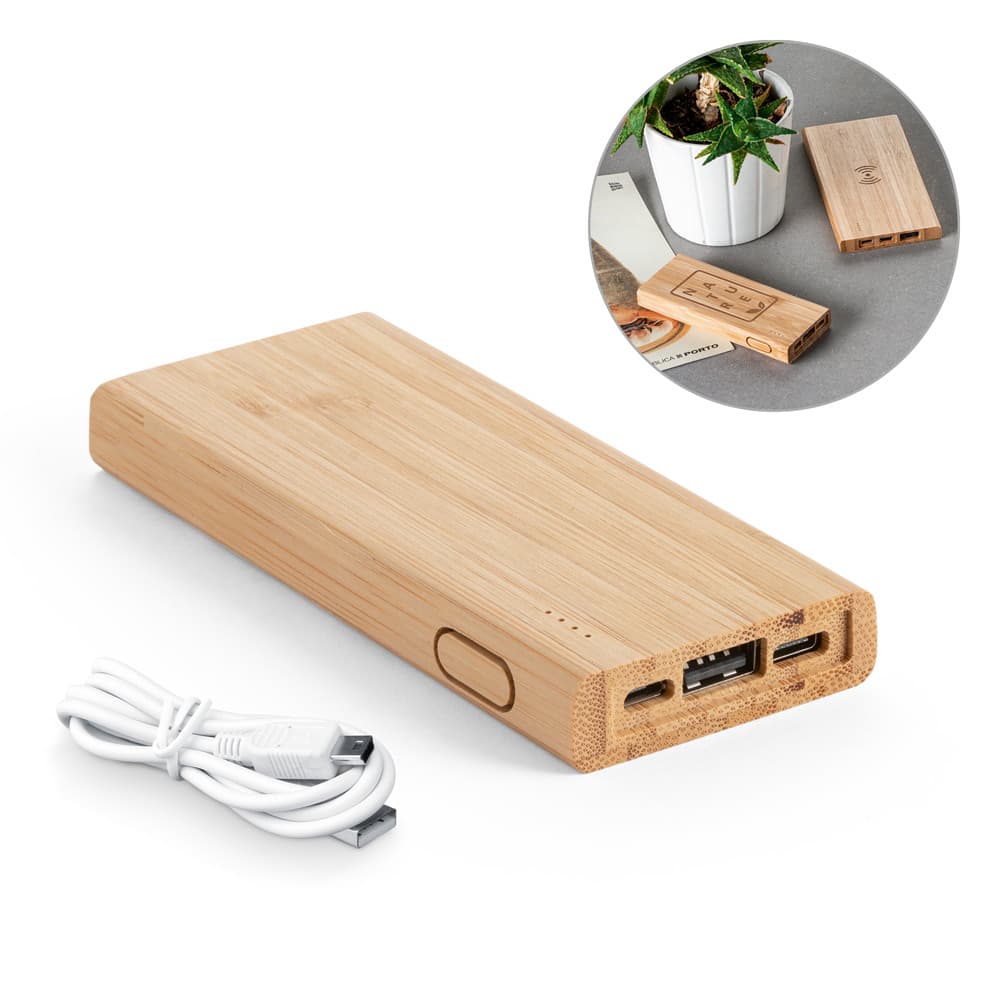 bateria portátil em bambu 5000 mah