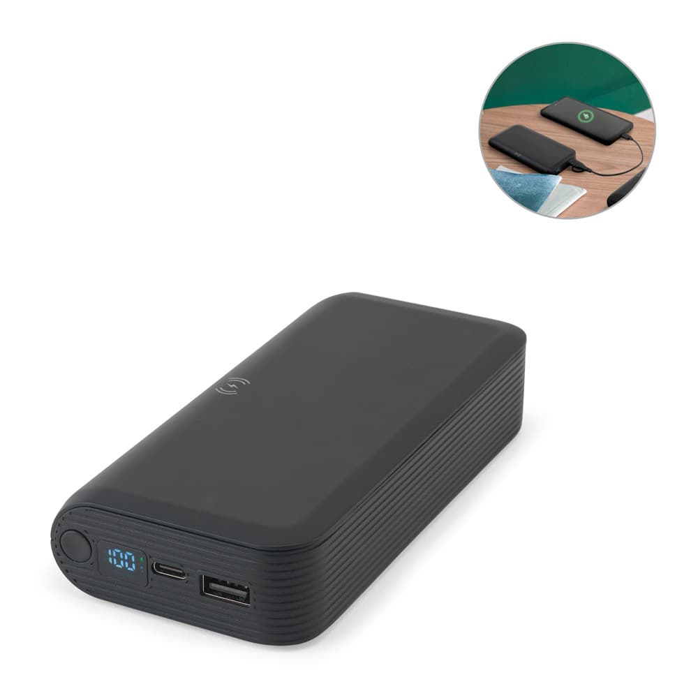 BECKER 20. Bateria portátil com carregador por indução super-rápido (20'000 mAh), em ABS 100% reciclado