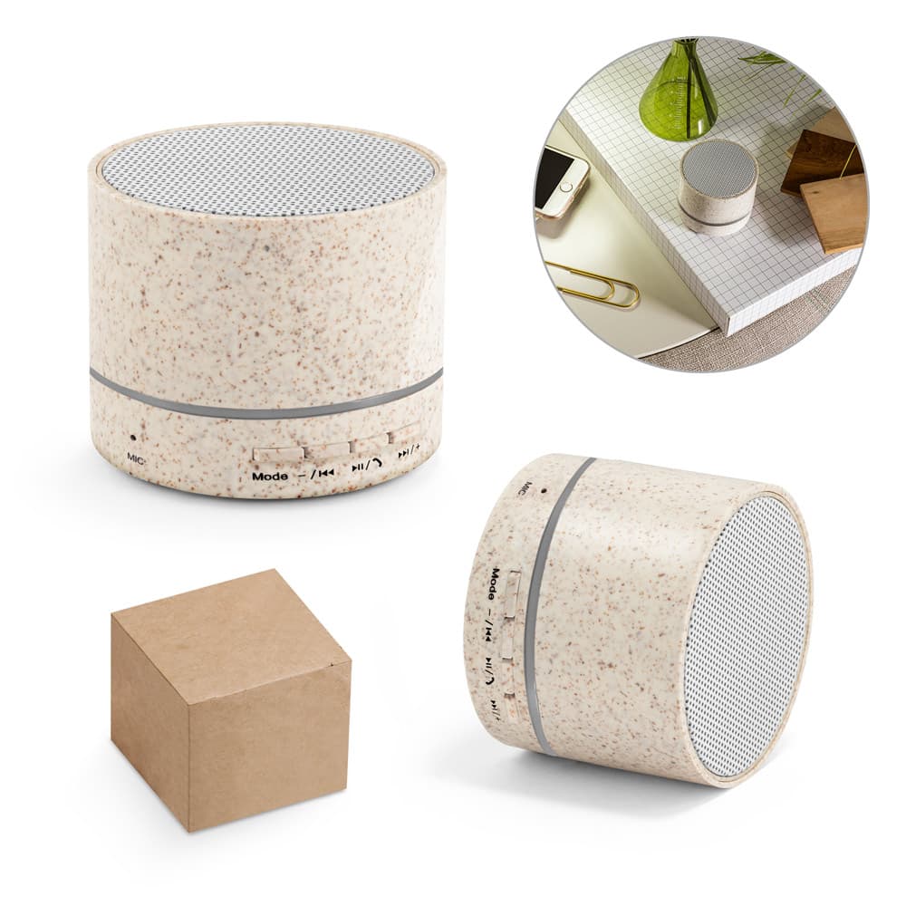 RE-LINEU. Caixa de som portátil com microfone e autonomia de 4h30 (400 mAh), em fibra de palha de trigo e ABS 100% reciclado