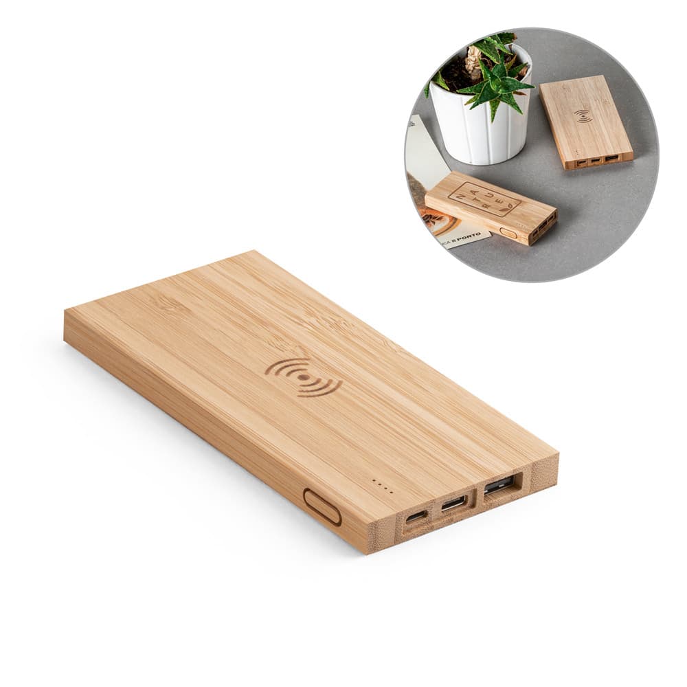 bateria portátil wireless em bambu 5000 mah
